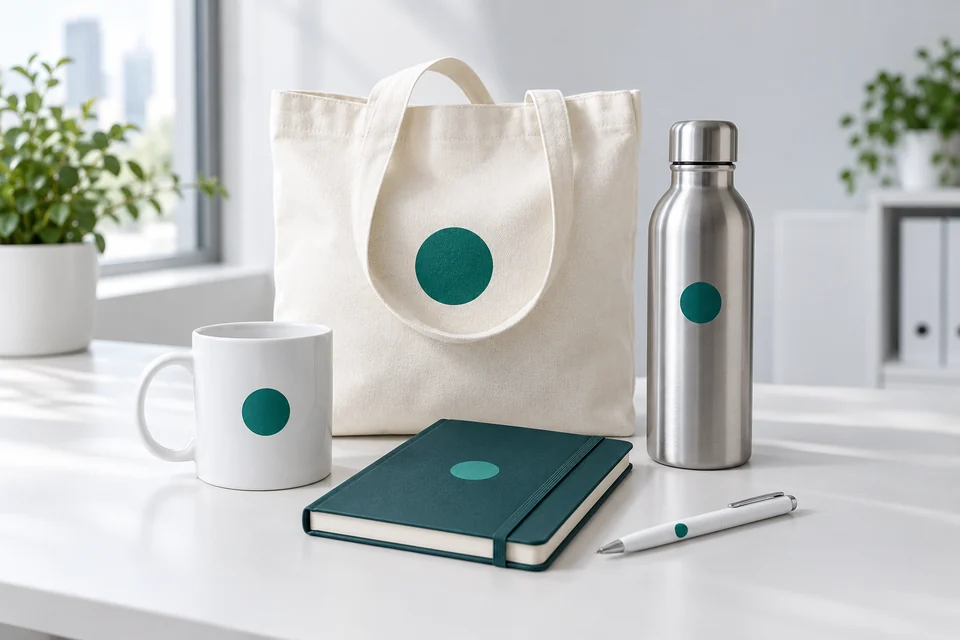 Bolsa, taza, botella, cuaderno y bolígrafo con una personalización coordinada