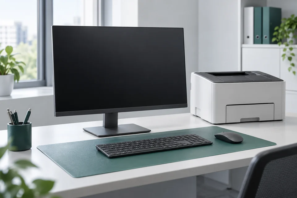 Monitor, teclat, ratolí i impressora en un lloc de treball